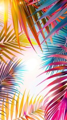 Obraz premium trendy summer Bali style floral patter background with copyspace , colorful leaves palm shape art wallpaper, Summer colors botanical tropical leaves ,sun light and shadows, pink, yellow leaf .