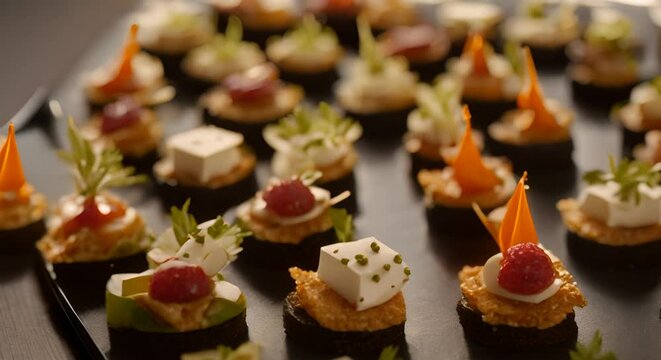 Assorted gourmet canapes on a stylish black tray, showcasing intricate food presentation for fine dining or catering themes