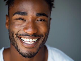 Naklejka premium Close up of Young black man with a beautiful smile on a gray background.