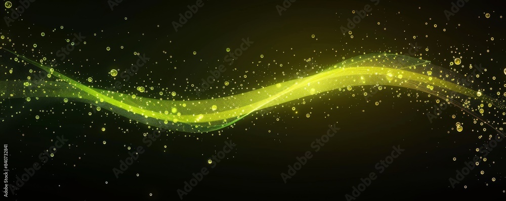 Poster abstract glowing green curved line with floating bubbles on dark background