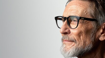 A close-up portrait of an older man with a gray beard and glasses, looking off to the side - Powered by Adobe