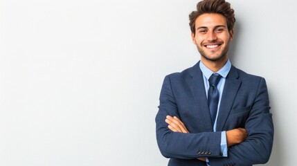 A man in a blue suit smiles confidently with his arms crossed, standing in front of a plain white background