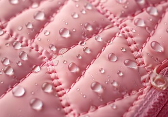 small drops of water scattered on light pink diamond shaped quilted fabric on an isolated background.