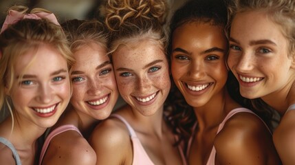 Fototapeta premium Four young women with bright smiles and glowing skin stand together in a close-up portrait