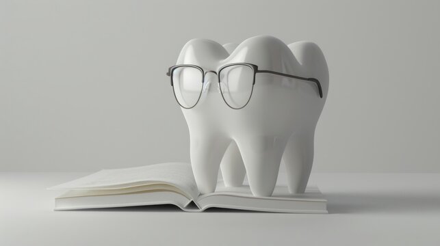 Cute cartoon character of tooth with eyeglasses and book.