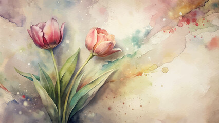 Watercolor vintage background of tulip flowers