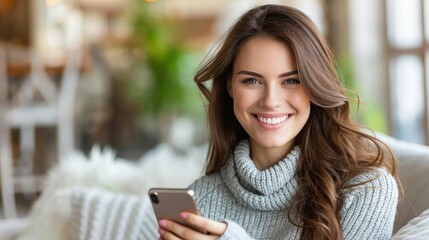 A woman smiles brightly while using her phone at a cafe