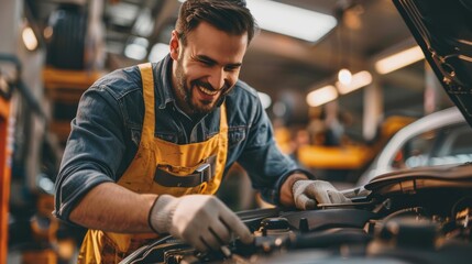 Joyful mechanic performing maintenance checks on a vehicle engine