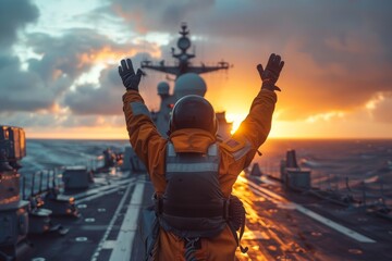 Triumphant pilot celebrates on aircraft carrier deck at sunset