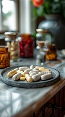  food suplements on table, pills 