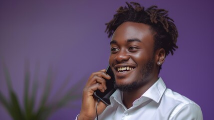  african american young adult man, corporate, business, talking on the phone in conversation using mobile phone, deep purple. 