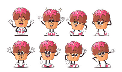 Cartoon Cupcake Characters Set With Pink Frosting And Various Fun Expressions And Poses. Vector Personages Animation
