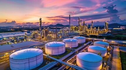 an oil and gas production plant at dusk, where towering stacks and intricate pipes are bathed in the warm glow of the setting sun, painting a scene of formidable beauty amidst the mechanical expanse.