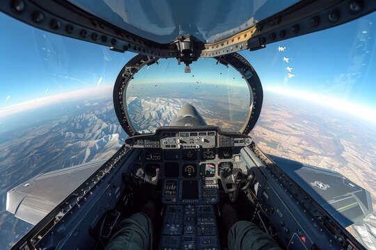 Pilot's viewpoint during an F-22 fighter jet takeoff with cockpit perspective over mountains
