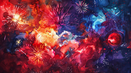 artistic watercolor of USA Independence Day with firework display and patriotic symbols in vibrant colors 