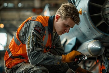 Focused technician conducting safety checks on aircraft weaponry in a hangar