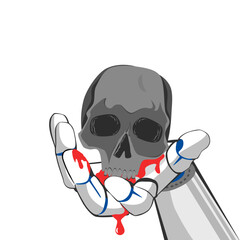 Artificial Intelligence. Generative AI work for future. Human lost AI.  White human skull with blood in AI Robot Hand. Full Vector background. Skeleton bone of man.   Last Attack  to Human extinct.