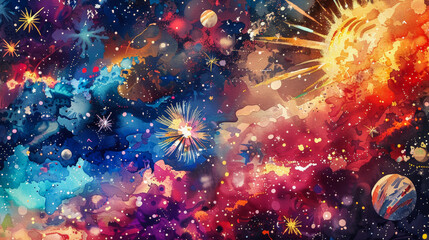 Fototapeta premium artistic watercolor of USA Independence Day with firework display and patriotic symbols in vibrant colors 