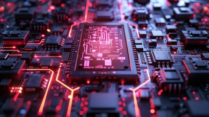 Obraz premium Secure processors integrated with futuristic digital cpu, flat design, front view, cyberpunk theme, animation, Complementary Color Scheme