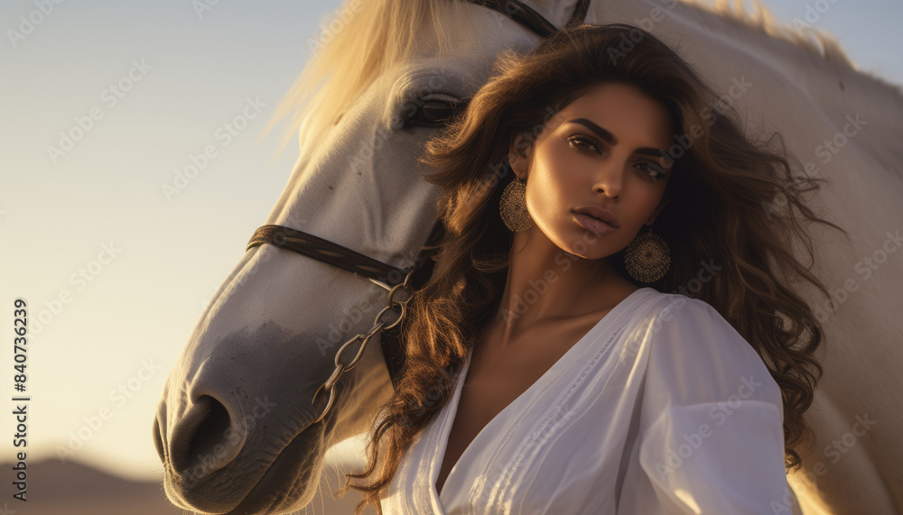 Wall mural beautiful Arab women in the desert with a horse, wearing white and gold