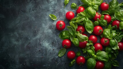 Fresh Red Tomatoes and Green Basil Leaves on a Dark Grey Surface