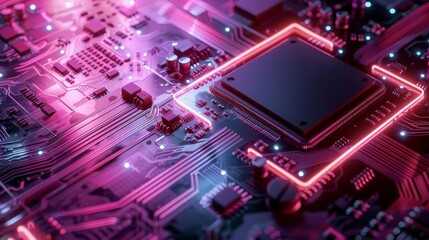 Obraz premium Neon lights illuminating futuristic digital cpu on circuit board, flat design, side view, tech theme, water color, Triadic Color Scheme