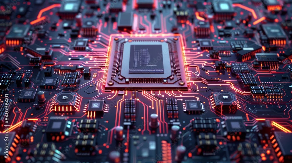 Poster intricate circuit board featuring futuristic digital cpu, flat design, top view, robotic theme, 3d r
