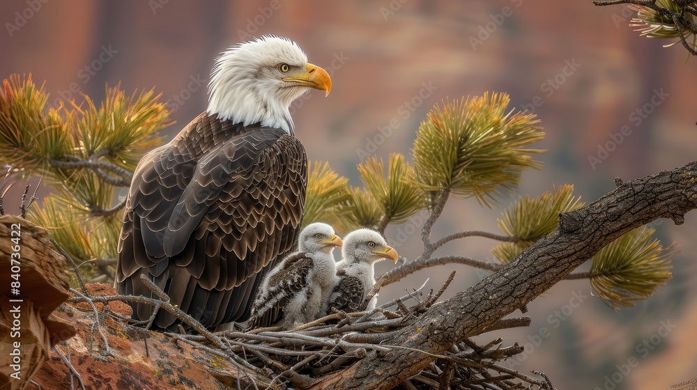 Wall mural a bald eagle perches in its nest, tenderly watching over two adorable babies nestled among the sturdy branches of an evergreen tree, symbolizing the resilience and splendor of wildlife.