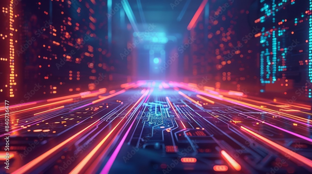 Poster holographic data stream from futuristic digital cpu, flat design, front view, virtual reality theme,