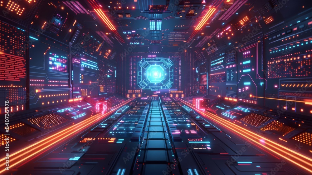 Poster holographic data stream from futuristic digital cpu, flat design, front view, virtual reality theme,