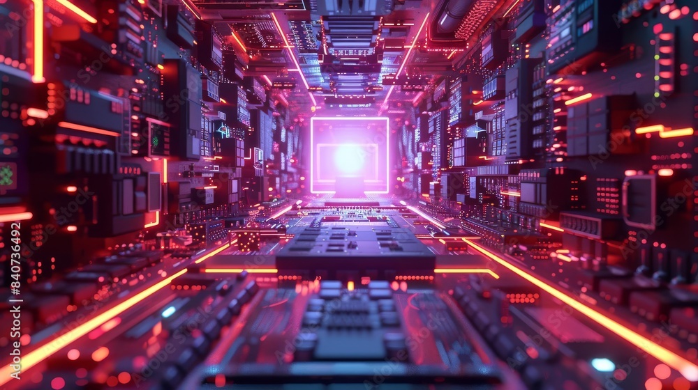 Poster holographic data stream from futuristic digital cpu, flat design, front view, virtual reality theme,