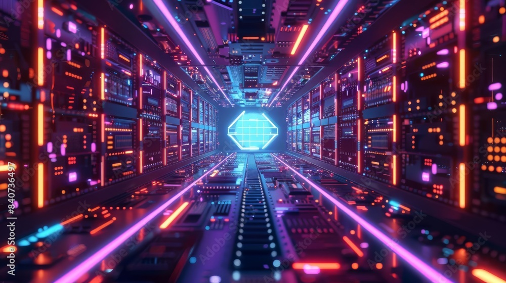 Poster holographic data stream from futuristic digital cpu, flat design, front view, virtual reality theme,