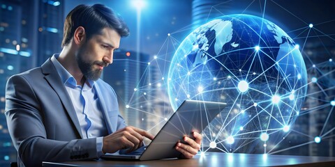 Internet network technology, digital software development, future tech background, IoT concept. Man using digital tablet and laptop with global network connection, computer code