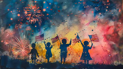 Obraz premium playful watercolor scene with children holding USA flags, fireworks in background, red and blue hues 