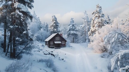 A cozy wooden cabin nestled in a snowy Norwegian forest, 8k.