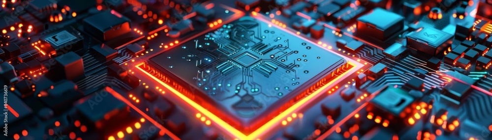 Poster futuristic digital cpu managing quantum bits, flat design, top view, robotic theme, 3d render, split