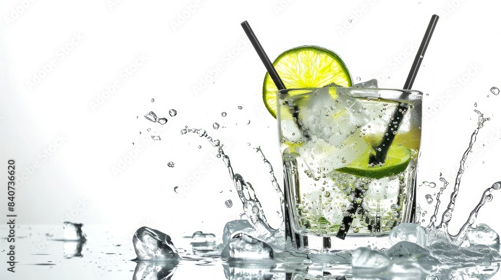 Sticker Refreshing cocktail with lime served with ice cubes and two straws on a white background. Drink concept with water splashes adding motion. Classic and stylish look for summer vibes. AI