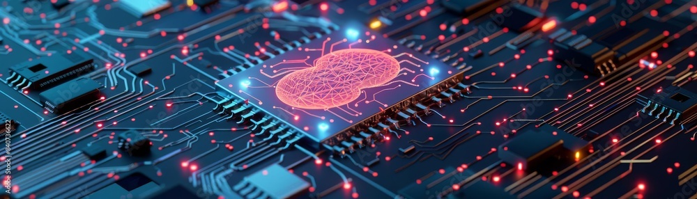 Poster futuristic digital cpu enhancing neural networks, flat design, top view, robotic theme, 3d render, s