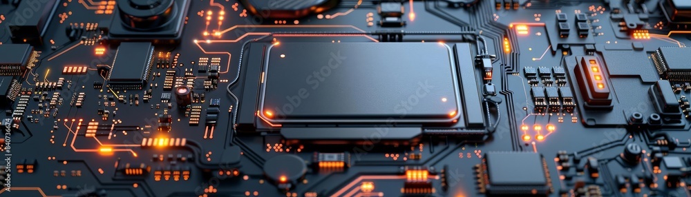 Poster futuristic digital cpu with ultra-fast cpus, flat design, top view, robotic theme, 3d render, split-