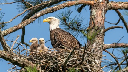 a bald eagle perches in its nest, tenderly watching over two adorable babies nestled among the sturdy branches of an evergreen tree, symbolizing the resilience and splendor of wildlife.