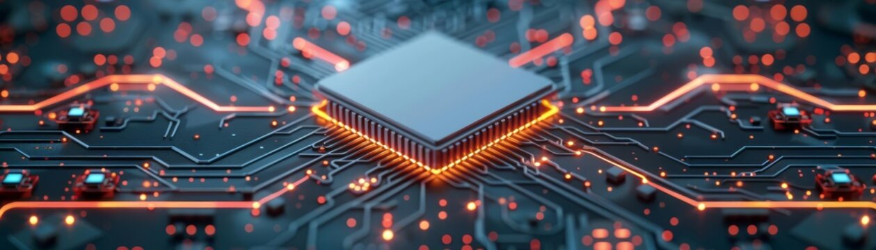 Futuristic digital cpu with parallel processing, flat design, top view, robotic theme, 3D render, Split-complementary color scheme