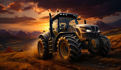 Fototapeta premium Tractor Driving Through Rural Landscape at Sunset. A powerful tractor drives along a dirt road, kicking up dust as it travels through a rural landscape with mountains in the background.