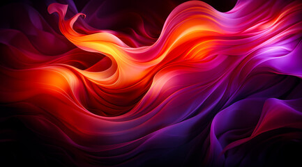 Obraz premium A close-up of a vibrant abstract image with purple and orange fabric flowing and swirling in a wave-like pattern against a black background.