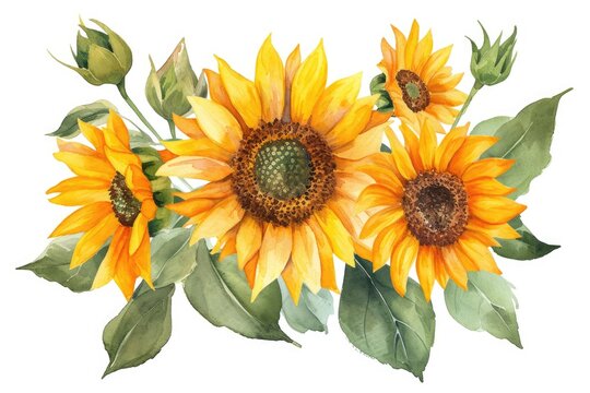 watercolor sunflowers, yellow flowers, green leaves clip art preview