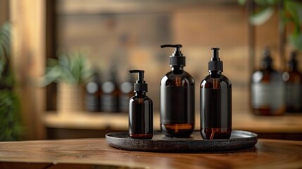Amber Bottle of Liquid Soap on Teal and Pink Background With Palm Leaf Shadows