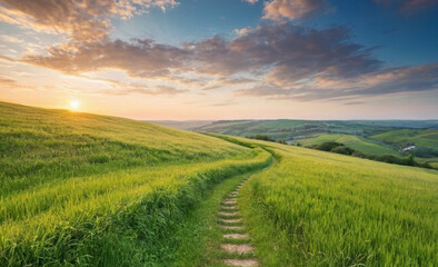 Fototapeta premium Picturesque Winding Path Through Green Grass Field in Hilly Area at Dawn Panoramic Spring-Summer Landscape