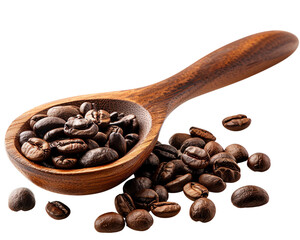 Obraz premium Wooden spoon filled with roasted coffee beans and scattered beans isolated on white background. Perfect for coffee-related projects.