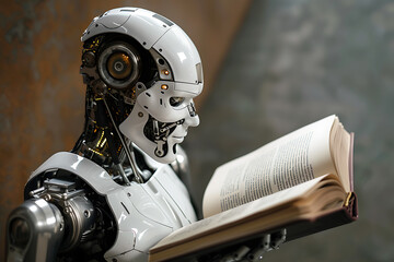 humanoid robot reading a book, AI concept