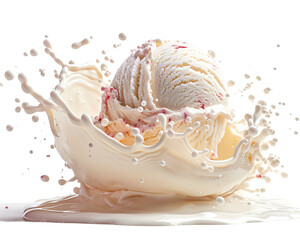 A delicious scoop of vanilla ice cream drops into a splash of milk, creating a dynamic and refreshing scene.