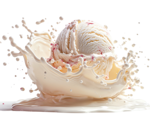 A delicious scoop of vanilla ice cream drops into a splash of milk, creating a dynamic and refreshing scene.